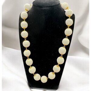 Vtg Cord Wrapped White Bead Ball Necklace Lightweight Gold Tone Caps Summer 21"